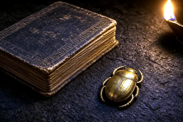 A stone book and scarab on a dark table for Crore Bet slots.