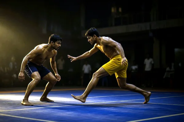 An empty kabaddi court under gold lights for Crore Bet sports.